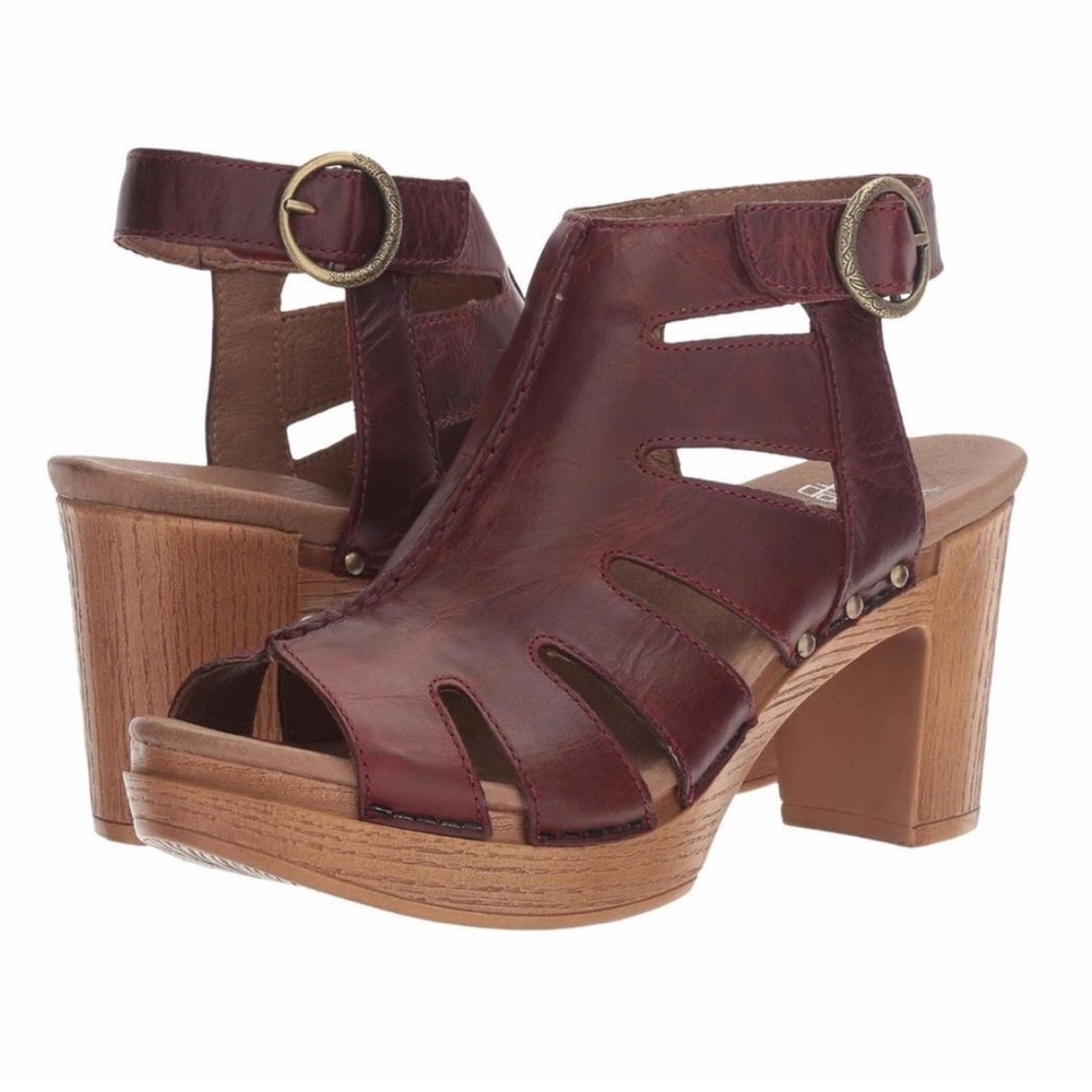 Dansko Burgundy Leather Platform Sandals with Wood-Look Heel 39/8.5